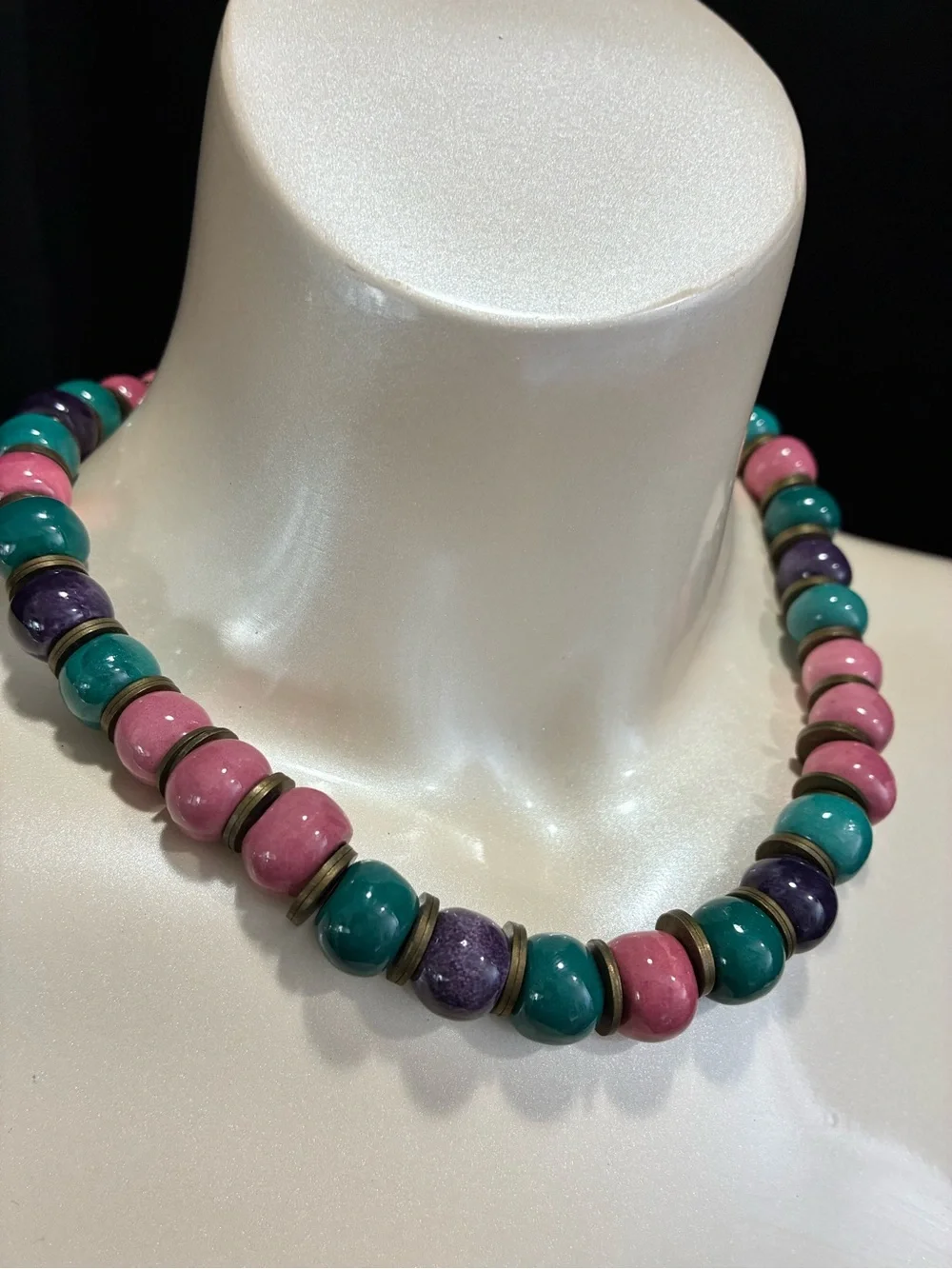 VTG Chunky Ceramic Pink, Teal & Purple Beaded Necklace with Antique Gold Spacers